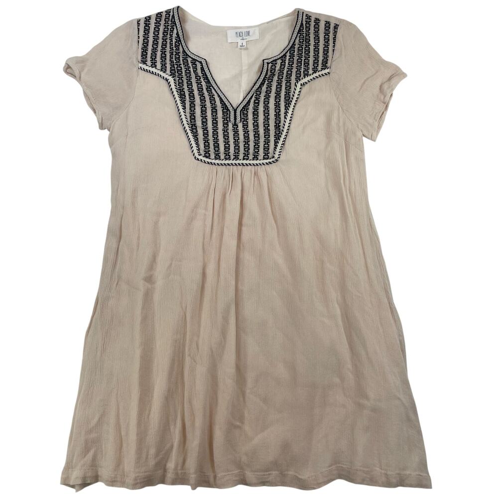 Peach Love Embroidered Boho Mini Tunic Dress Cream Tan Small Women’s